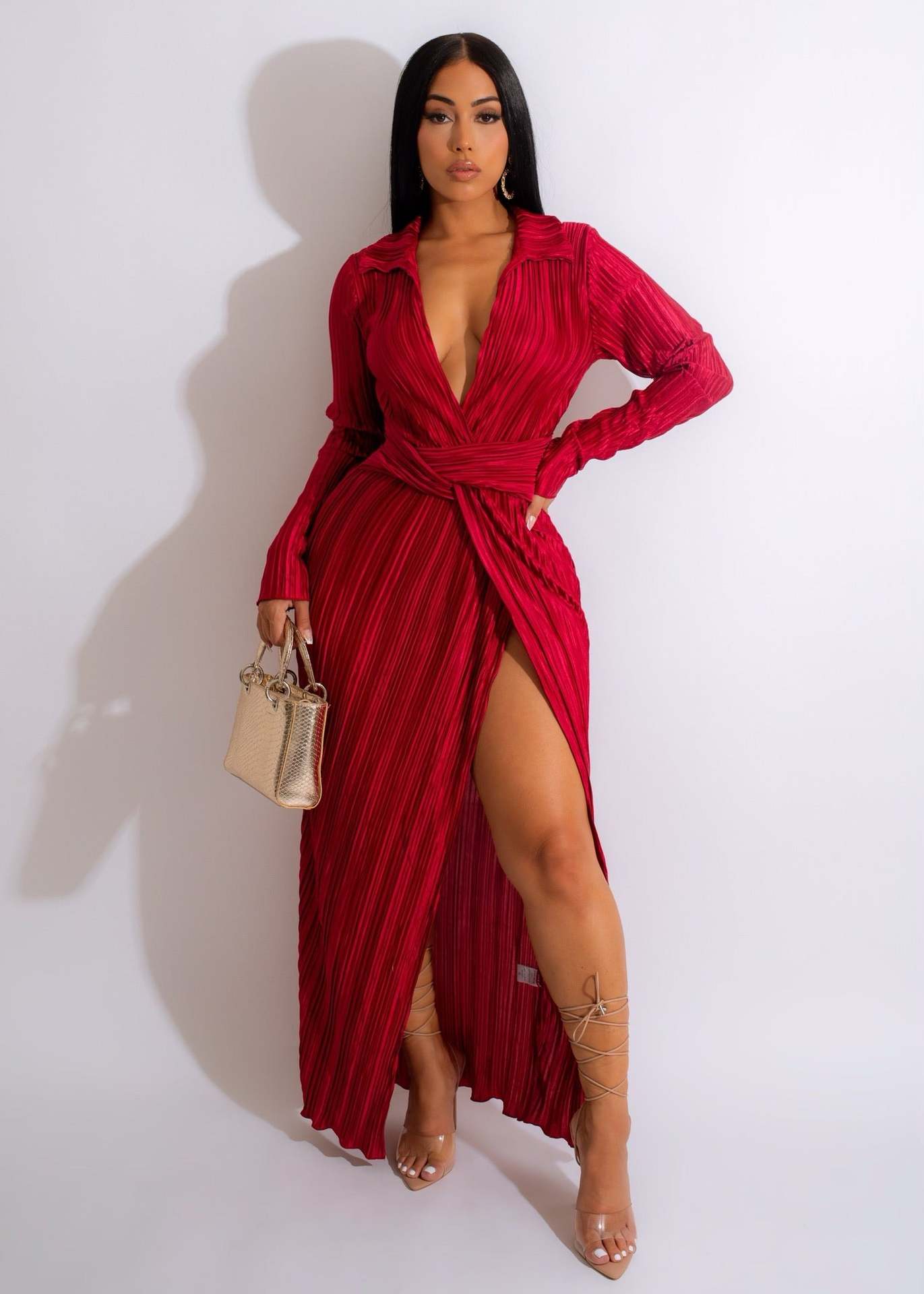 Sexy Slit Dress Autumn Winter V neck Long Sleeve Pleated Dress by Ragazza
