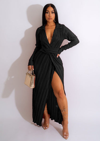 Sexy Slit Dress Autumn Winter V neck Long Sleeve Pleated Dress by Ragazza