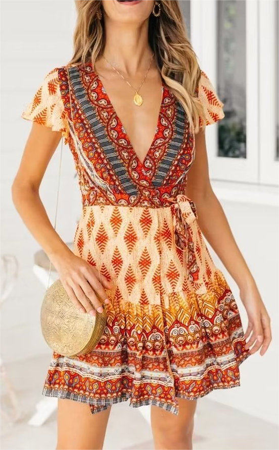 Women Printed Fresh High Waist Short Sleeve Dress by Ragazza