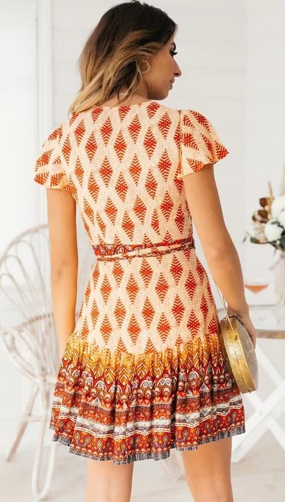 Women Printed Fresh High Waist Short Sleeve Dress by Ragazza
