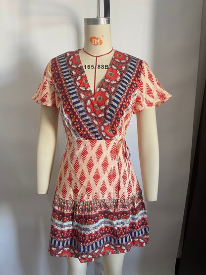 Women Printed Fresh High Waist Short Sleeve Dress by Ragazza
