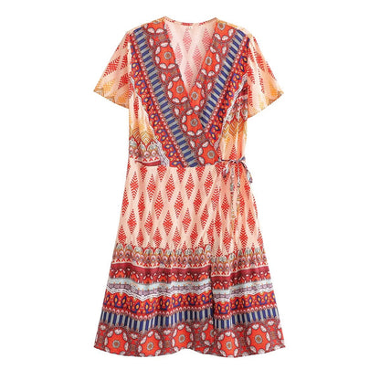Women Printed Fresh High Waist Short Sleeve Dress by Ragazza