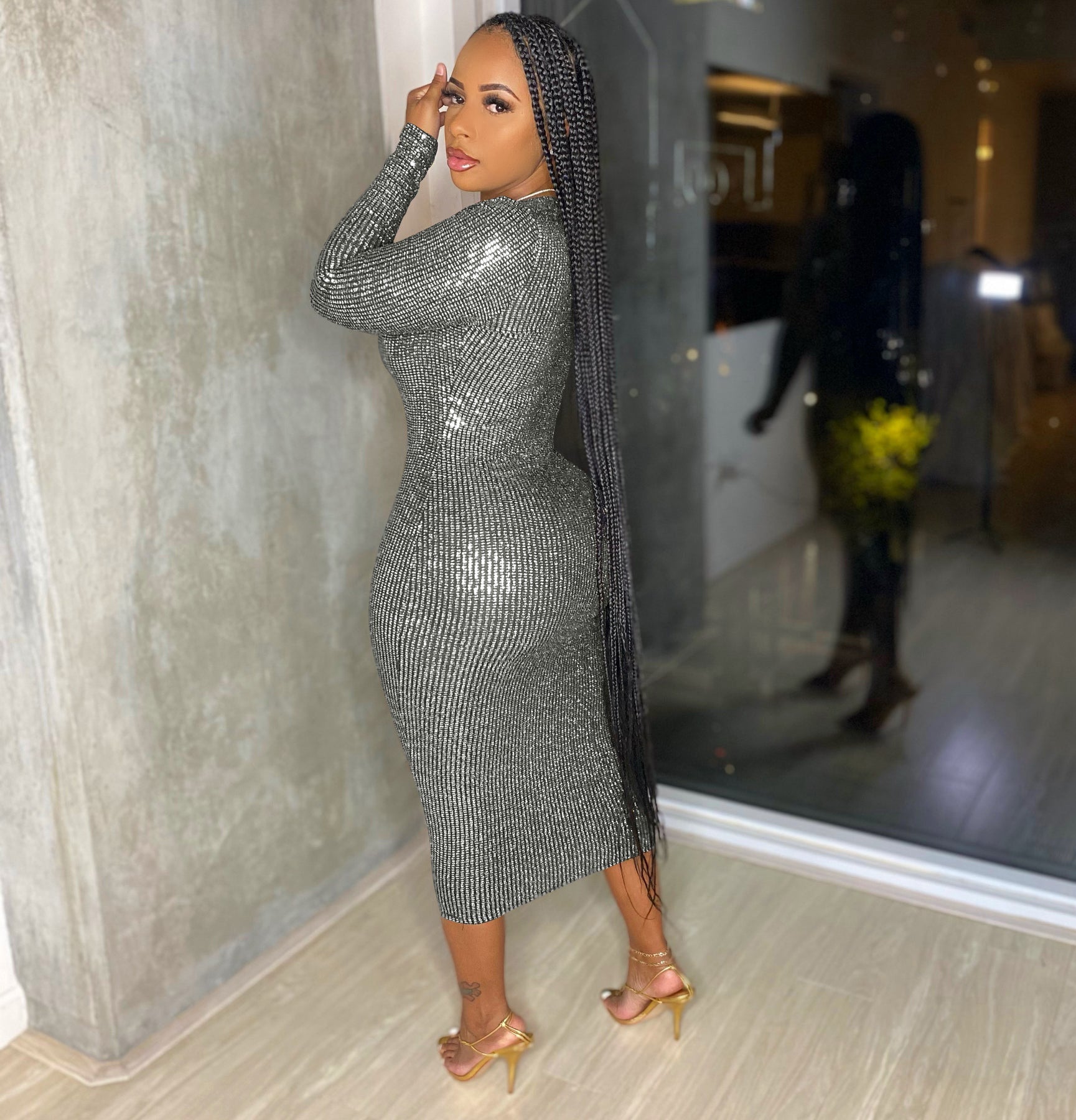Women Clothing Graceful Fashionable Deep V Plunge Bronzing Fabric Dress Women Clothing by Ragazza