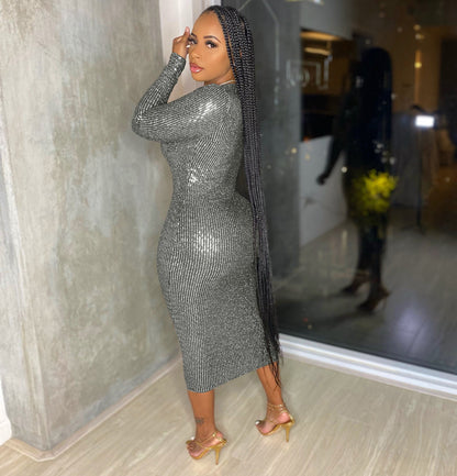 Women Clothing Graceful Fashionable Deep V Plunge Bronzing Fabric Dress Women Clothing by Ragazza