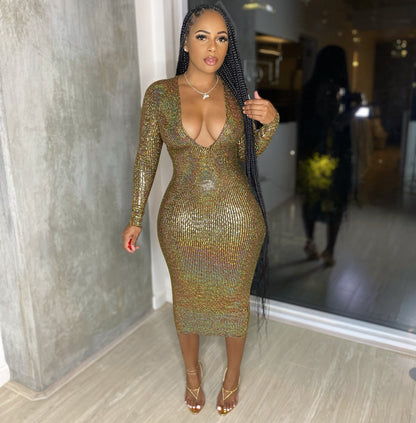 Women Clothing Graceful Fashionable Deep V Plunge Bronzing Fabric Dress Women Clothing by Ragazza