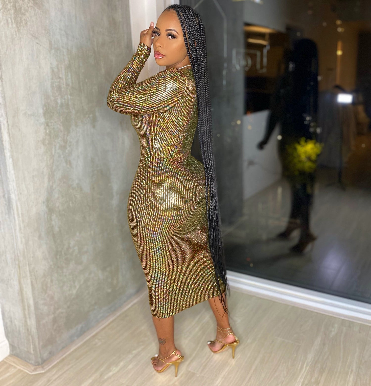 Women Clothing Graceful Fashionable Deep V Plunge Bronzing Fabric Dress Women Clothing by Ragazza