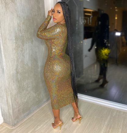 Women Clothing Graceful Fashionable Deep V Plunge Bronzing Fabric Dress Women Clothing by Ragazza