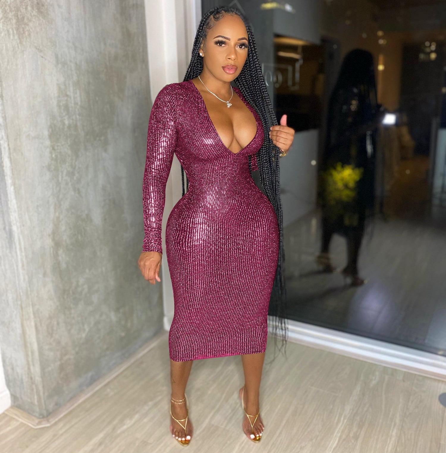 Women Clothing Graceful Fashionable Deep V Plunge Bronzing Fabric Dress Women Clothing by Ragazza