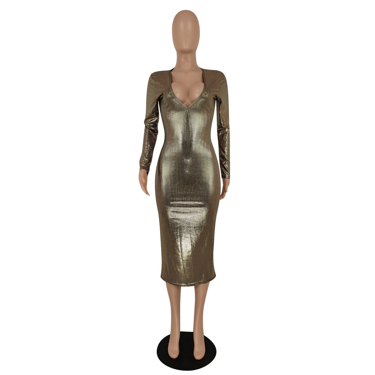 Women Clothing Graceful Fashionable Deep V Plunge Bronzing Fabric Dress Women Clothing by Ragazza