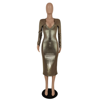 Women Clothing Graceful Fashionable Deep V Plunge Bronzing Fabric Dress Women Clothing by Ragazza