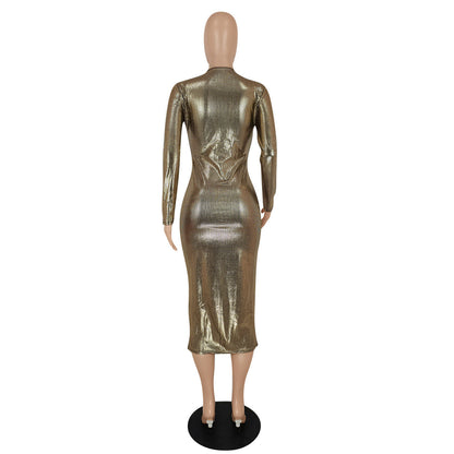 Women Clothing Graceful Fashionable Deep V Plunge Bronzing Fabric Dress Women Clothing by Ragazza