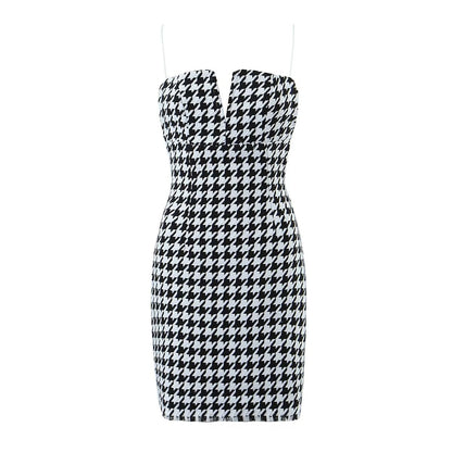 Fall Women Clothing Houndstooth Knitted All Matching V neck Strap Dress by Ragazza