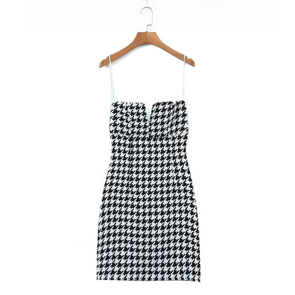 Fall Women Clothing Houndstooth Knitted All Matching V neck Strap Dress by Ragazza