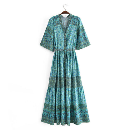 Bohemian Ethnic Vacation Summer Positioning Printed V neck Waist Controlled Large Hem Maxi Dress by Ragazza