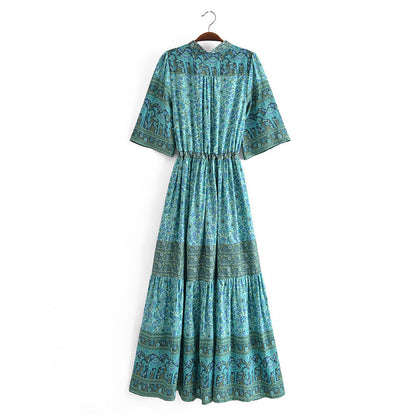 Bohemian Ethnic Vacation Summer Positioning Printed V neck Waist Controlled Large Hem Maxi Dress by Ragazza