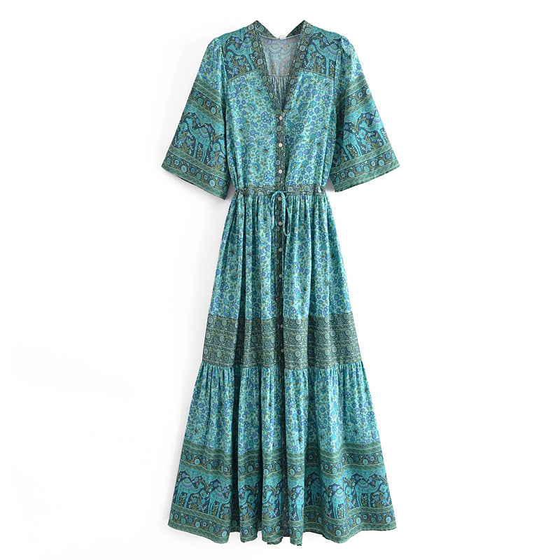 Bohemian Ethnic Vacation Summer Positioning Printed V neck Waist Controlled Large Hem Maxi Dress by Ragazza