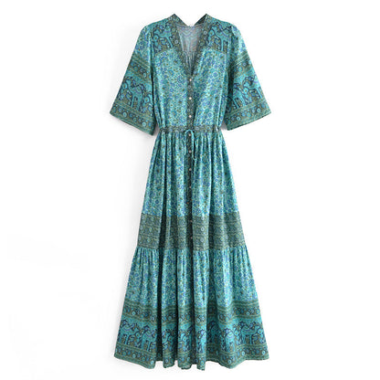 Bohemian Ethnic Vacation Summer Positioning Printed V neck Waist Controlled Large Hem Maxi Dress by Ragazza