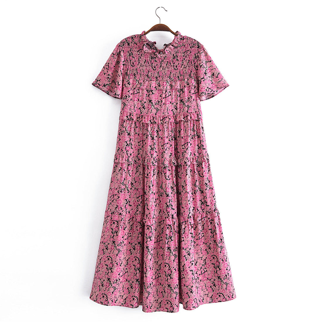 Pink Floral Print Ruffled Floral Print Sleeve Loose Dress Layered Cake Lace by Ragazza