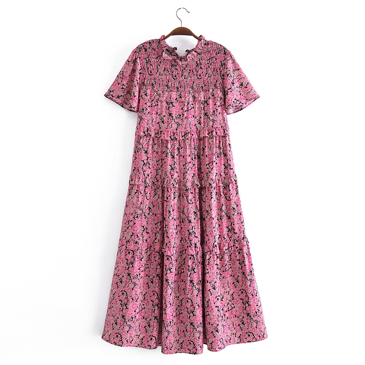 Pink Floral Print Ruffled Floral Print Sleeve Loose Dress Layered Cake Lace by Ragazza