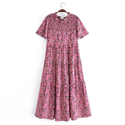 Pink Floral Print Ruffled Floral Print Sleeve Loose Dress Layered Cake Lace by Ragazza