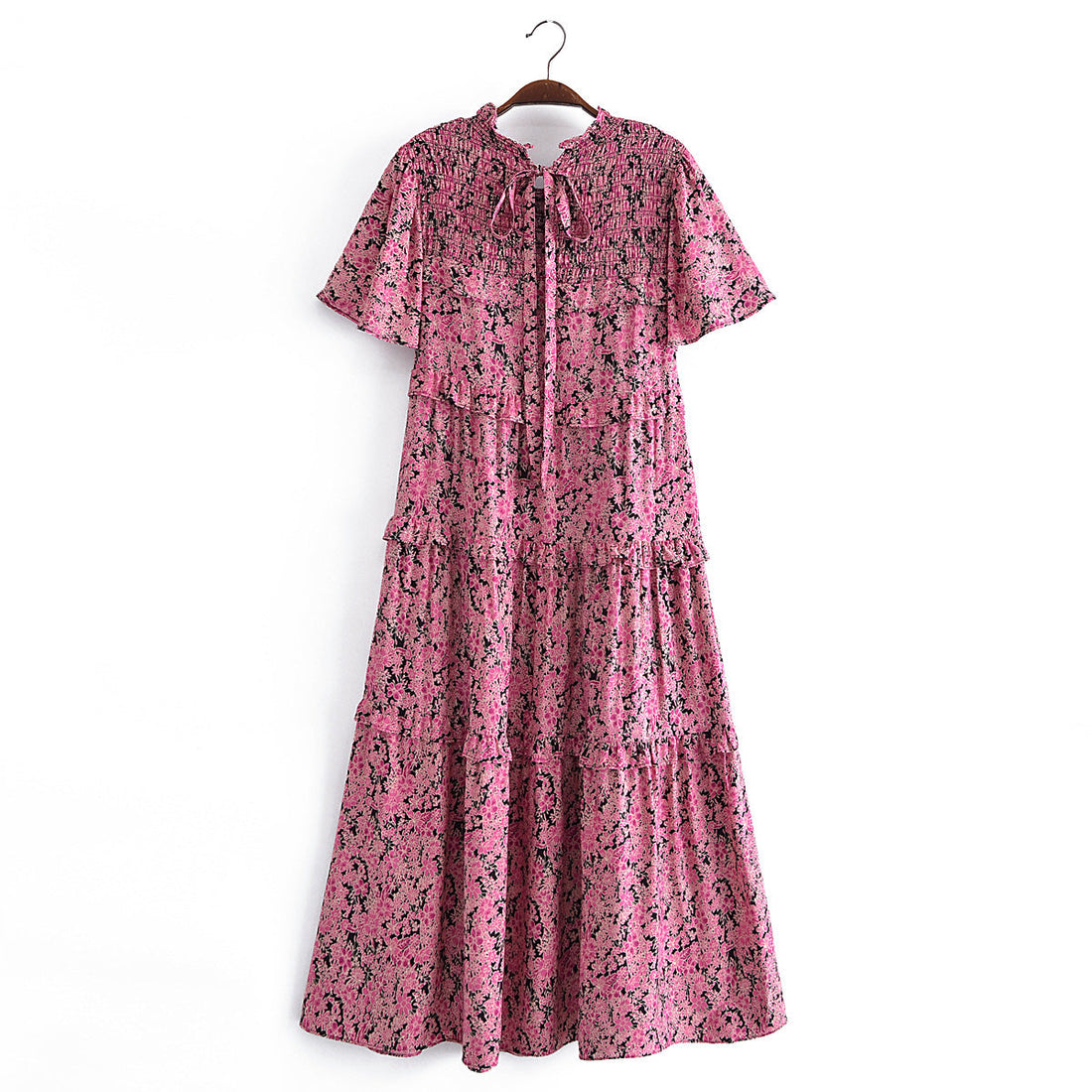 Pink Floral Print Ruffled Floral Print Sleeve Loose Dress Layered Cake Lace by Ragazza