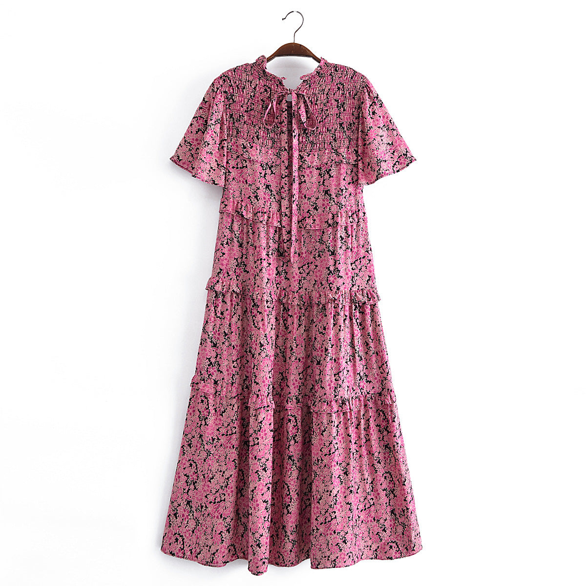 Pink Floral Print Ruffled Floral Print Sleeve Loose Dress Layered Cake Lace by Ragazza