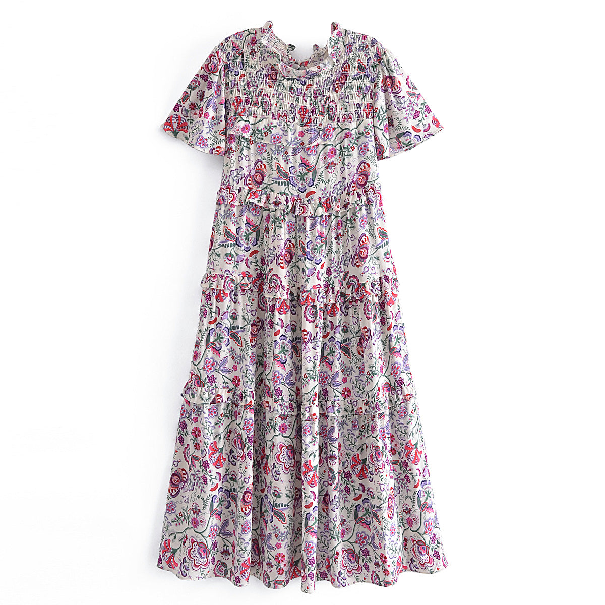 Ruffled Sleeve Waist Dress V neck Printed Tiered Dress by Ragazza