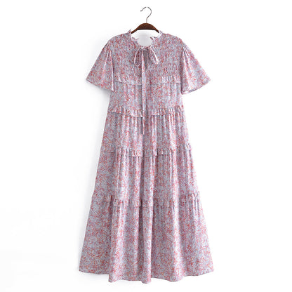 Autumn Women Printed Lace up Elastic Tiered Dress by Ragazza