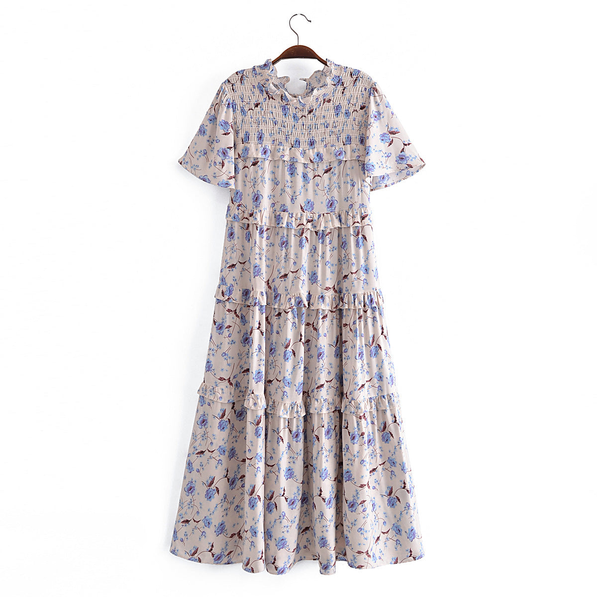 Summer Women Rayon Printed Elastic Tiered Dress Short Sleeve Dress Mid Length by Ragazza