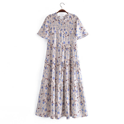 Summer Women Rayon Printed Elastic Tiered Dress Short Sleeve Dress Mid Length by Ragazza