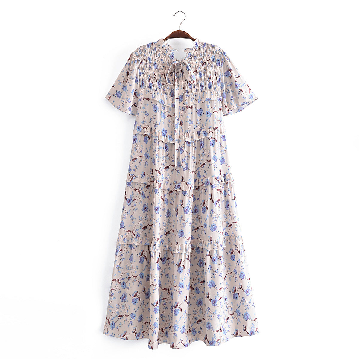 Summer Women Rayon Printed Elastic Tiered Dress Short Sleeve Dress Mid Length by Ragazza