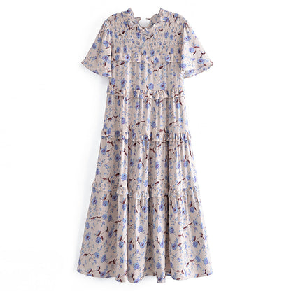 Summer Women Rayon Printed Elastic Tiered Dress Short Sleeve Dress Mid Length by Ragazza