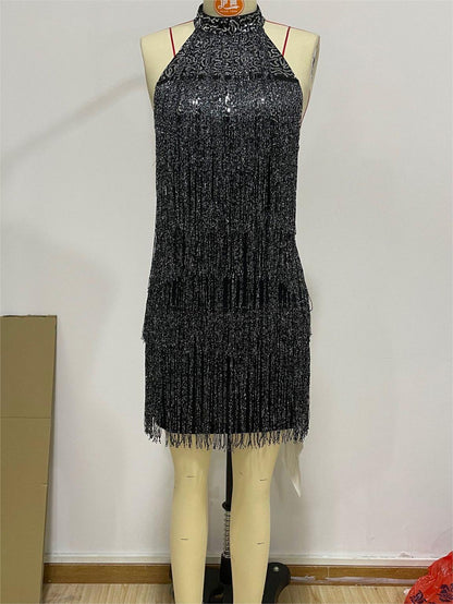 Women Clothing Sexy Low Cut V neck Chest Sequined Material Back Cross Strap Dress by Ragazza
