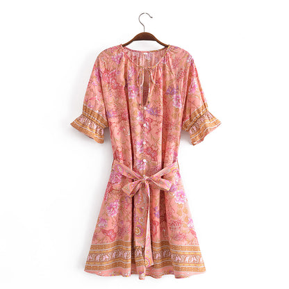 Spring Summer Rayon Positioning Floral Belt Tassel Dress by Ragazza