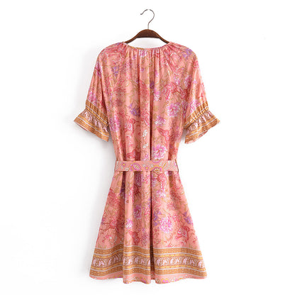 Spring Summer Rayon Positioning Floral Belt Tassel Dress by Ragazza