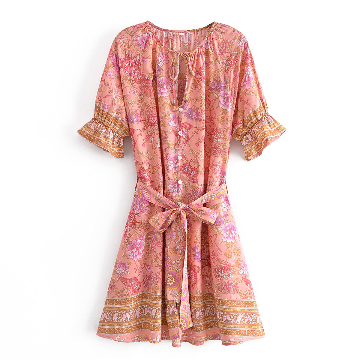 Spring Summer Rayon Positioning Floral Belt Tassel Dress by Ragazza