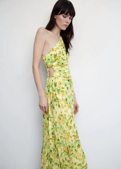 French Best Women Clothes One-Shoulder Floral Printed Pleated Dress by Ragazza
