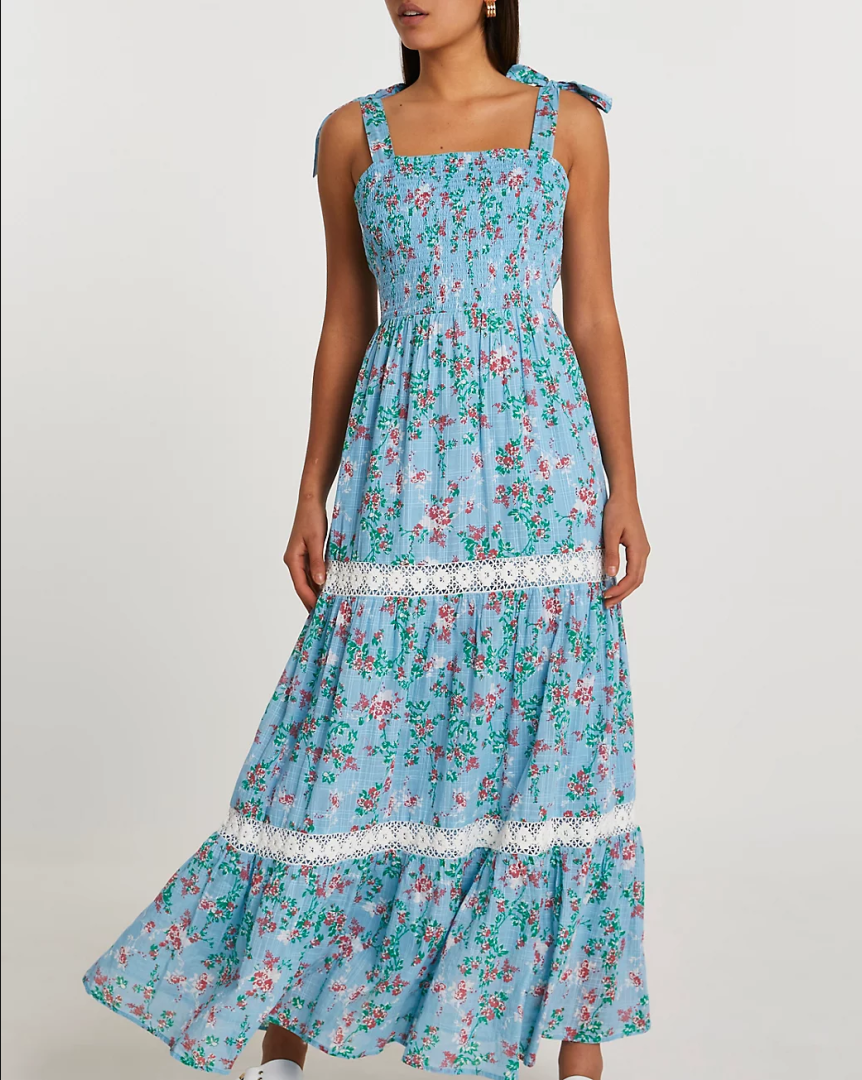 Spring Autumn Floral Strap Dress Vacation Seaside Lace Printed Dress by Ragazza