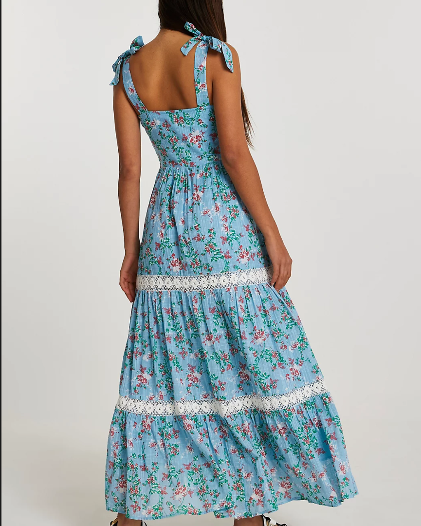 Spring Autumn Floral Strap Dress Vacation Seaside Lace Printed Dress by Ragazza