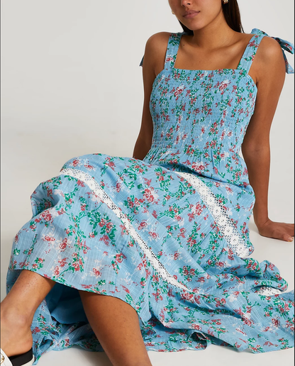 Spring Autumn Floral Strap Dress Vacation Seaside Lace Printed Dress by Ragazza