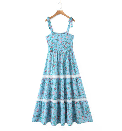 Spring Autumn Floral Strap Dress Vacation Seaside Lace Printed Dress by Ragazza
