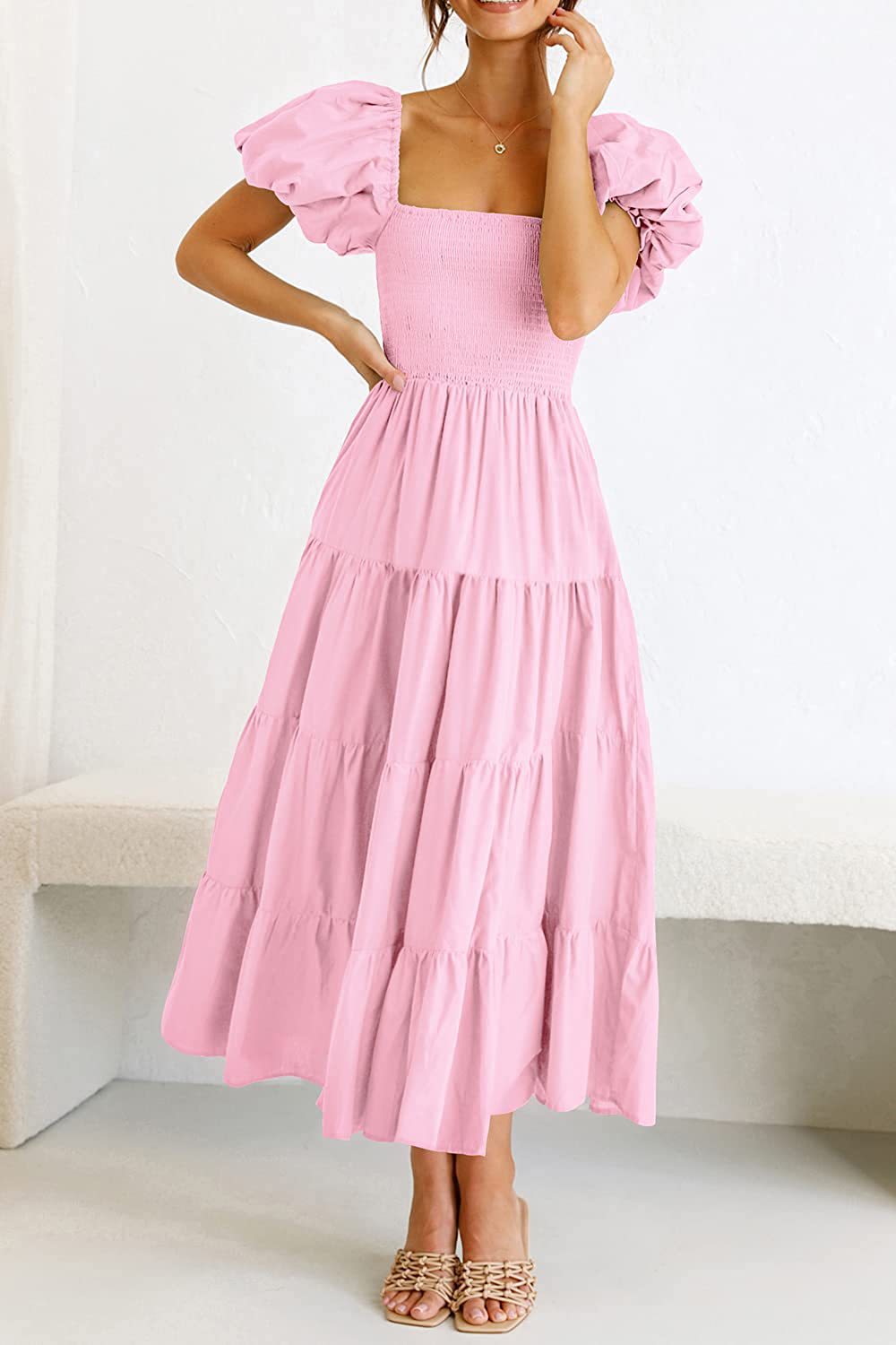 Summer Women Clothing Square Collar Backless Puff Sleeve Pleated Short Sleeves Dress by Ragazza