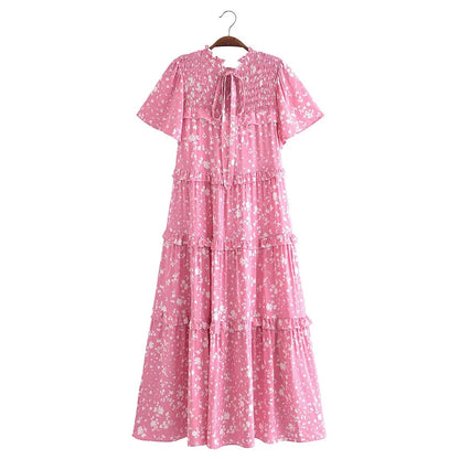 Women Clothing Printed V neck Lace up Short Sleeve Sexy Dress by Ragazza