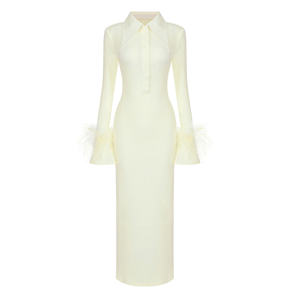 Yellow Blouse Collar Long Sleeve Feather Knitted Striped Slim Bandage Dress  DestGlow