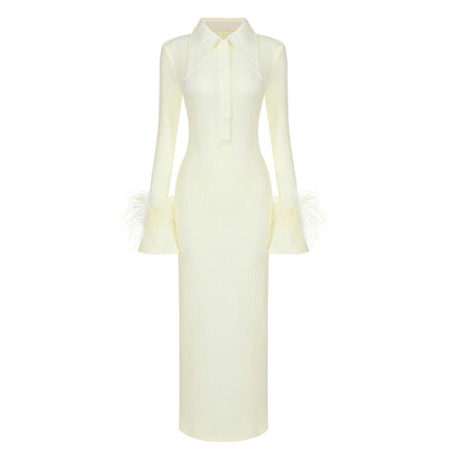 Yellow Blouse Collar Long Sleeve Feather Knitted Striped Slim Bandage Dress  DestGlow