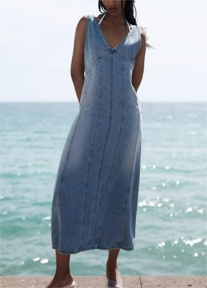 Summer Retro V neck Sleeveless Denim A line Vest Dress Women Dress by Ragazza