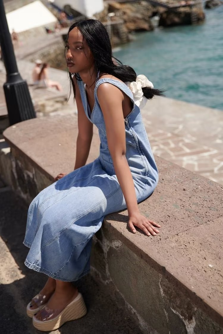 Summer Retro V neck Sleeveless Denim A line Vest Dress Women Dress by Ragazza