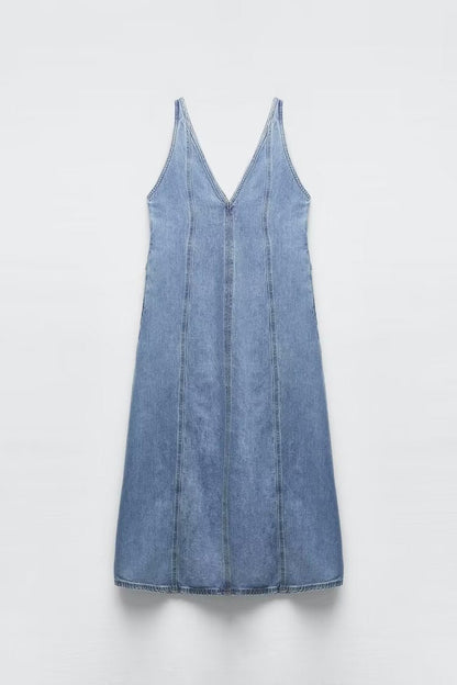 Summer Retro V neck Sleeveless Denim A line Vest Dress Women Dress by Ragazza
