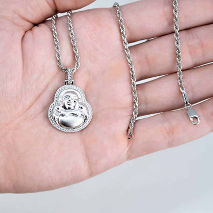 Real 925 Sterling Silver Buddha Pendant w/ Rope Chain Mens Ladies CZ Necklace