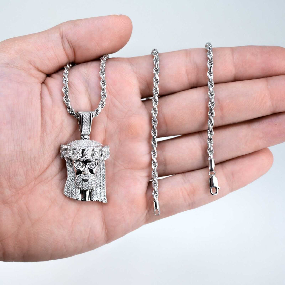 Unisex Moissanite Jesus Head Piece Pendant 3.3mm Rope Chain Necklace 925 Silver - necklaces